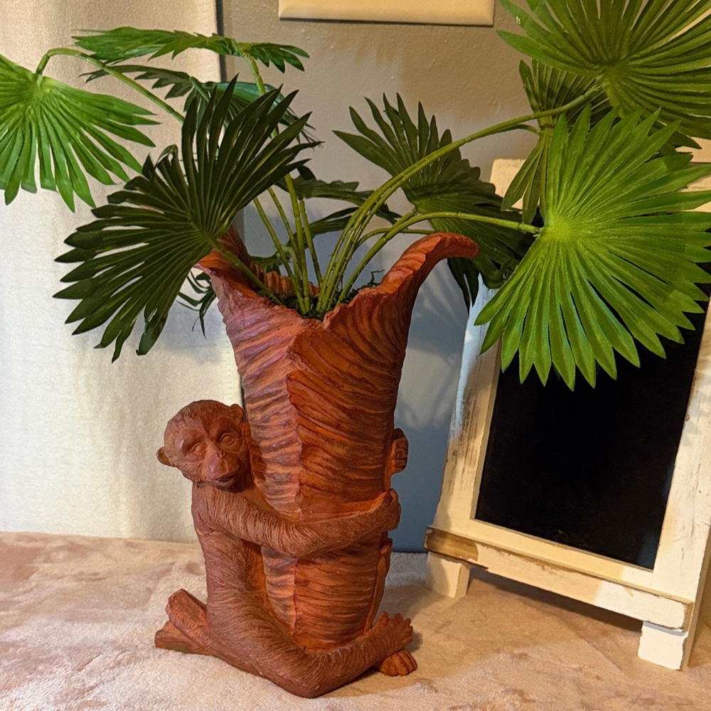 Vintage Monkey Hug resin Planter - Rustic Orange Accent